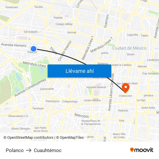 Polanco to Cuauhtémoc map