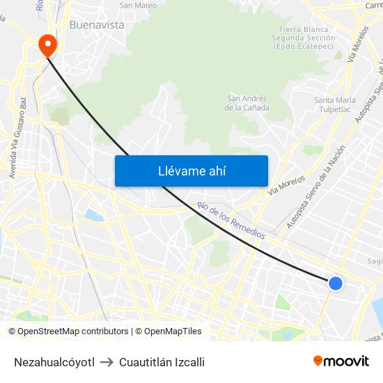 Nezahualcóyotl to Cuautitlán Izcalli map