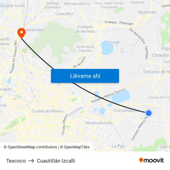 Texcoco to Cuautitlán Izcalli map
