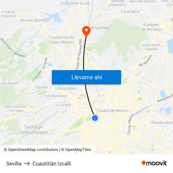 Sevilla to Cuautitlán Izcalli map