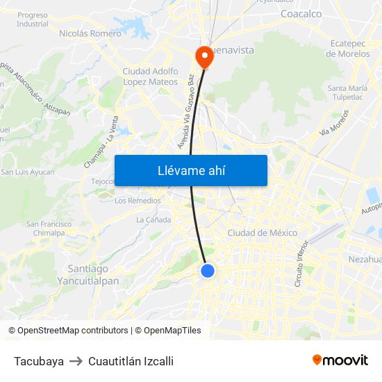 Tacubaya to Cuautitlán Izcalli map