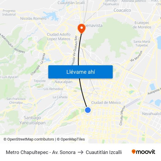 Metro Chapultepec - Av. Sonora to Cuautitlán Izcalli map