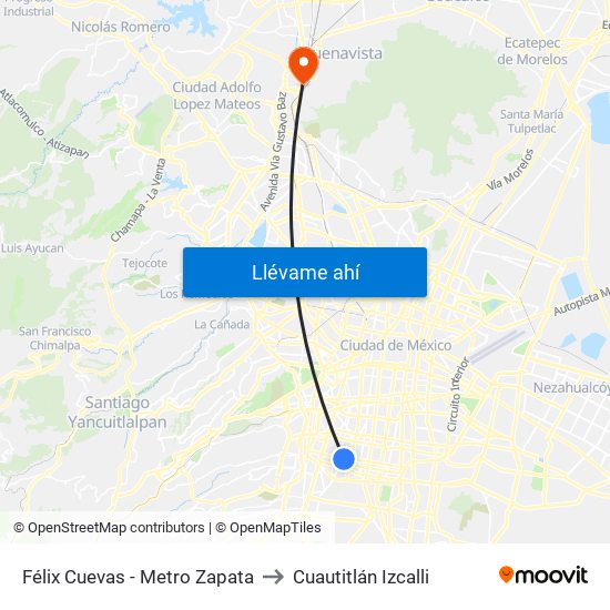 Félix Cuevas - Metro Zapata to Cuautitlán Izcalli map