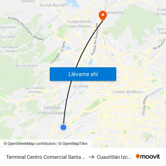 Terminal Centro Comercial Santa Fé to Cuautitlán Izcalli map