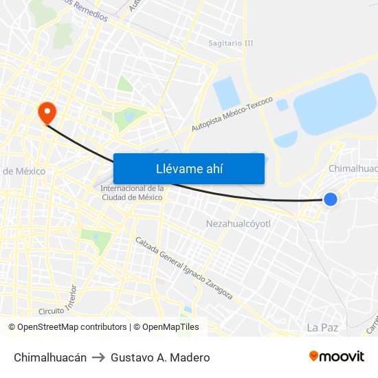 Chimalhuacán to Gustavo A. Madero map