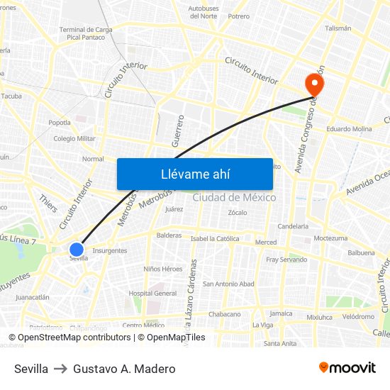 Sevilla to Gustavo A. Madero map