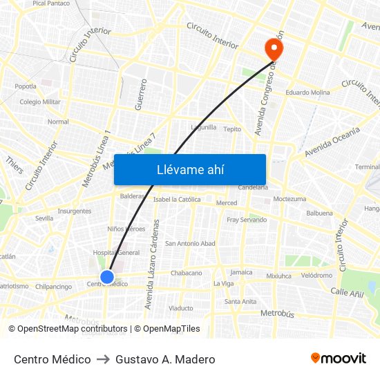 Centro Médico to Gustavo A. Madero map