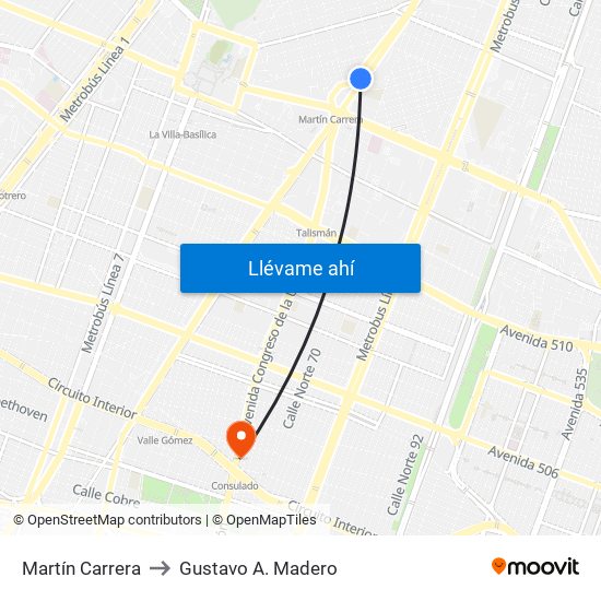 Martín Carrera to Gustavo A. Madero map