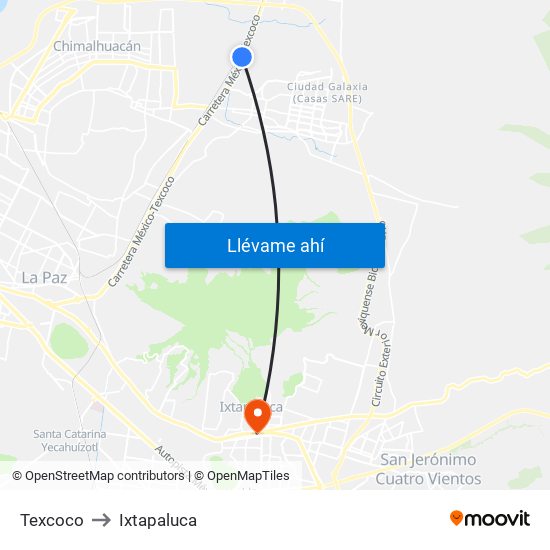 Texcoco to Ixtapaluca map