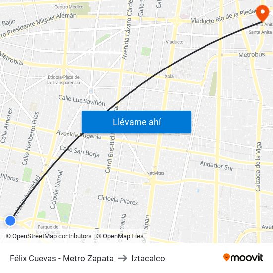 Félix Cuevas - Metro Zapata to Iztacalco map