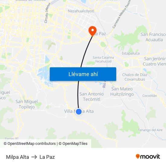 Milpa Alta to La Paz map