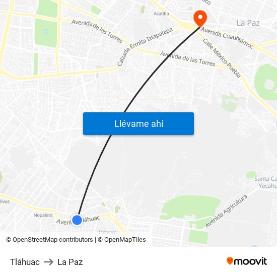 Tláhuac to La Paz map