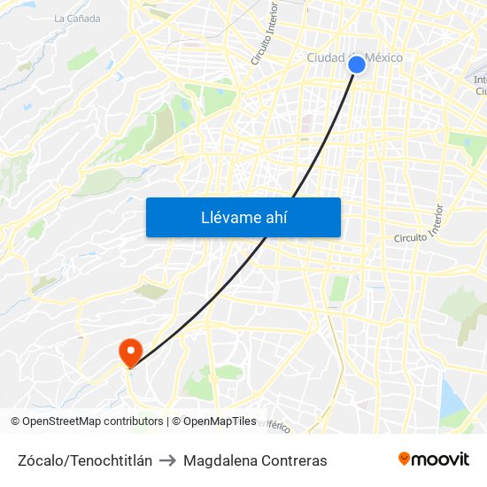 Zócalo/Tenochtitlán to Magdalena Contreras map