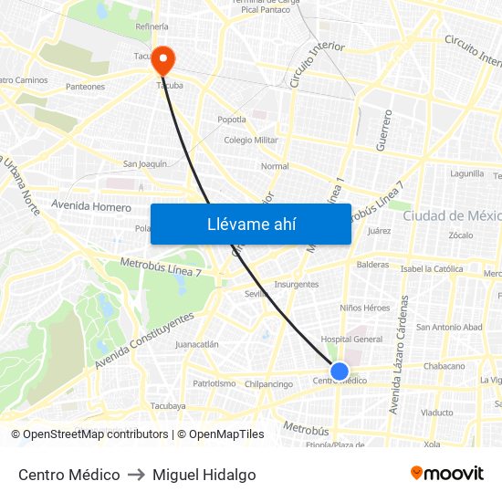 Centro Médico to Miguel Hidalgo map