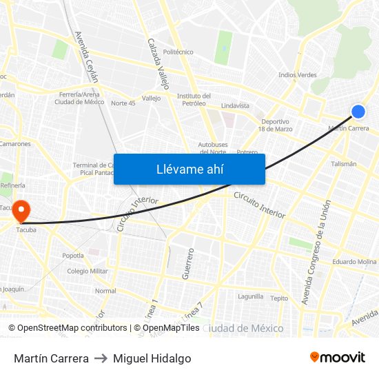 Martín Carrera to Miguel Hidalgo map