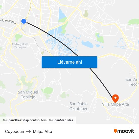 Coyoacán to Milpa Alta map