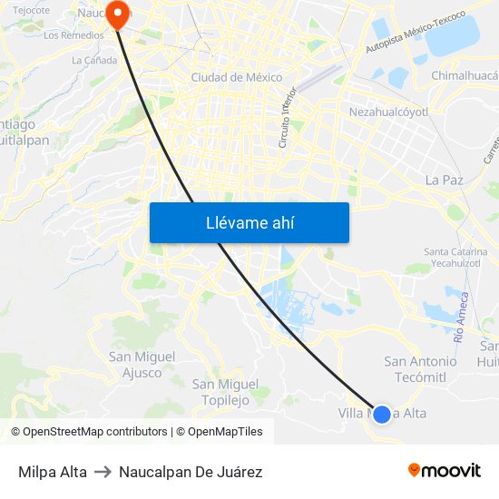 Milpa Alta to Naucalpan De Juárez map