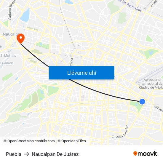 Puebla to Naucalpan De Juárez map