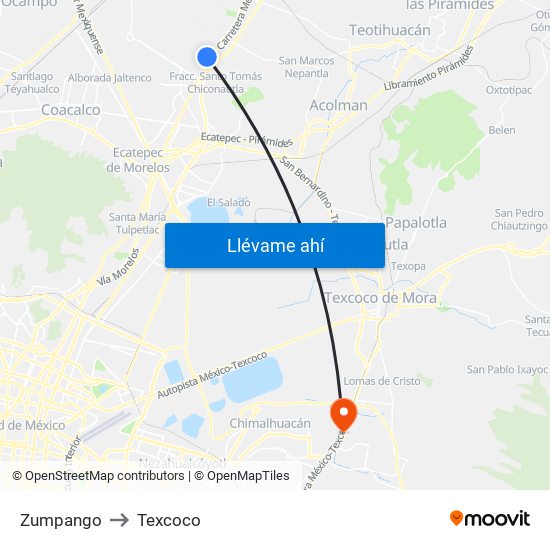 Zumpango to Texcoco map