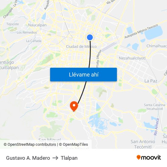 Gustavo A. Madero to Tlalpan map