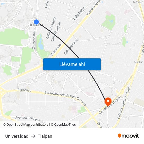 Universidad to Tlalpan map