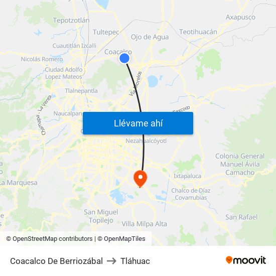 Coacalco De Berriozábal to Tláhuac map