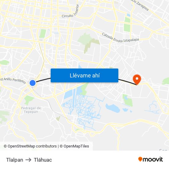 Tlalpan to Tláhuac map