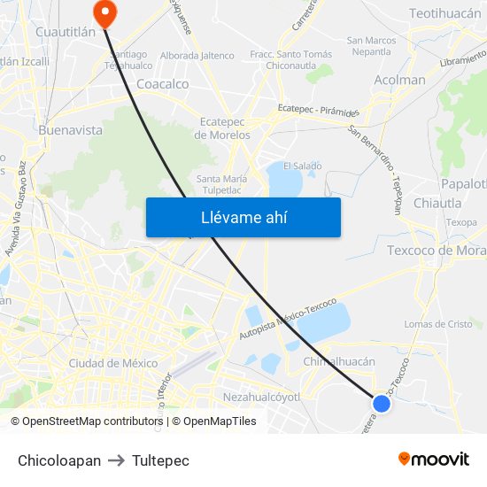 Chicoloapan to Tultepec map