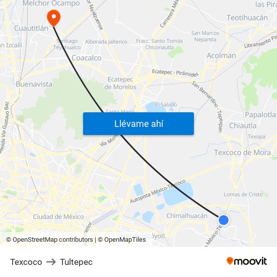 Texcoco to Tultepec map