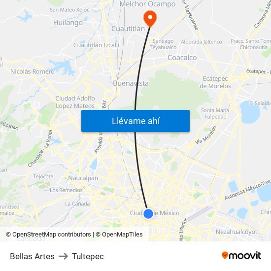 Bellas Artes to Tultepec map