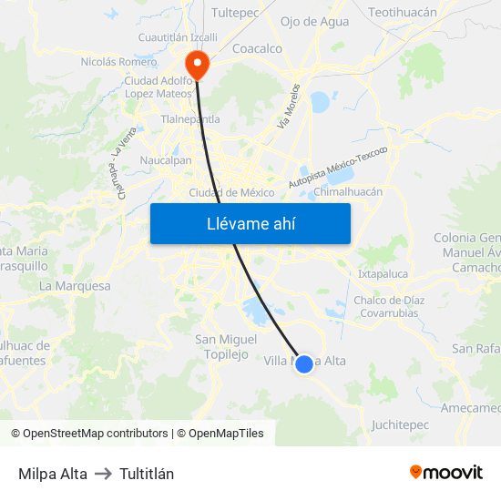 Milpa Alta to Tultitlán map