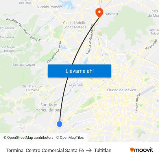 Terminal Centro Comercial Santa Fé to Tultitlán map