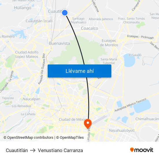 Cuautitlán to Venustiano Carranza map