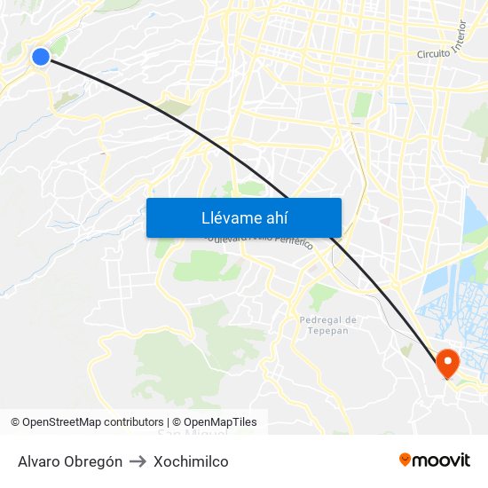 Alvaro Obregón to Xochimilco map