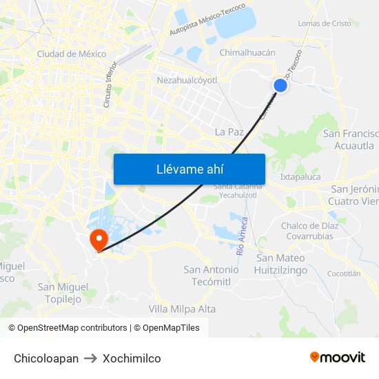 Chicoloapan to Xochimilco map