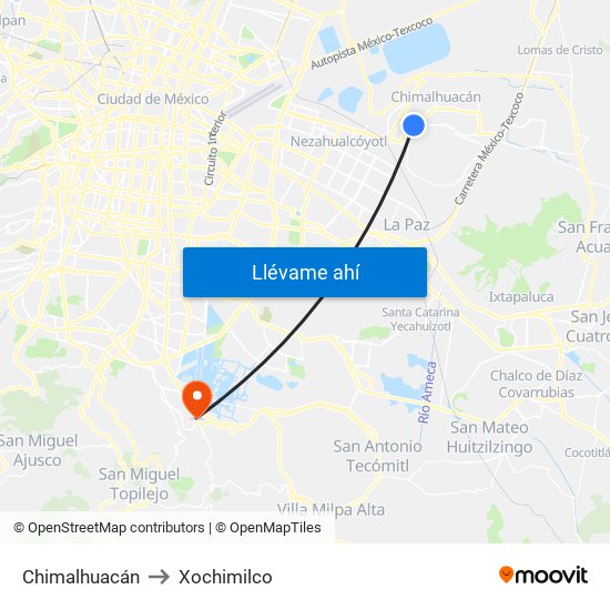 Chimalhuacán to Xochimilco map