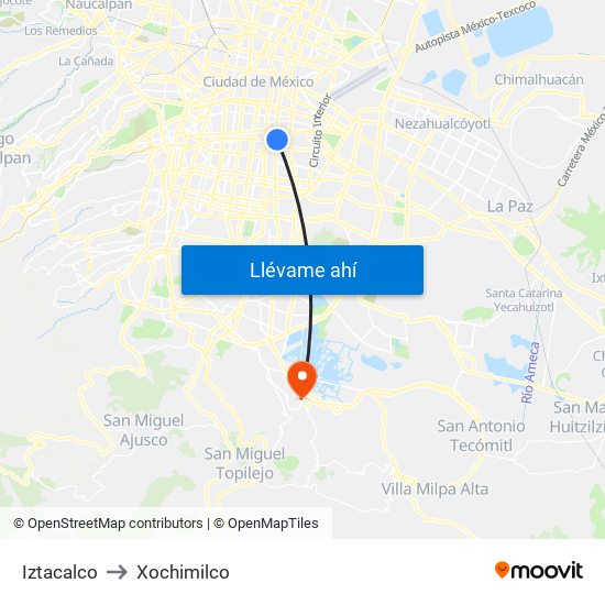 Iztacalco to Xochimilco map