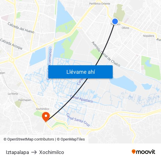 Iztapalapa to Xochimilco map