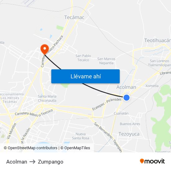 Acolman to Zumpango map