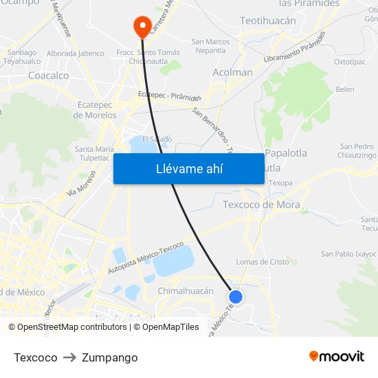 Texcoco to Zumpango map