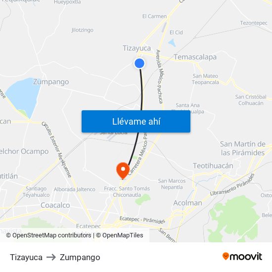 Tizayuca to Zumpango map