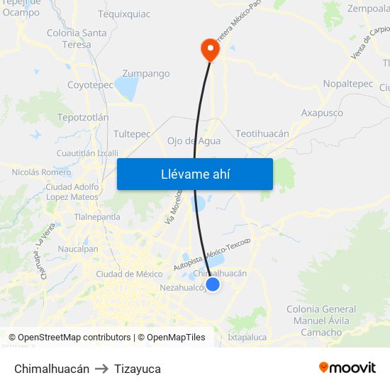 Chimalhuacán to Tizayuca map