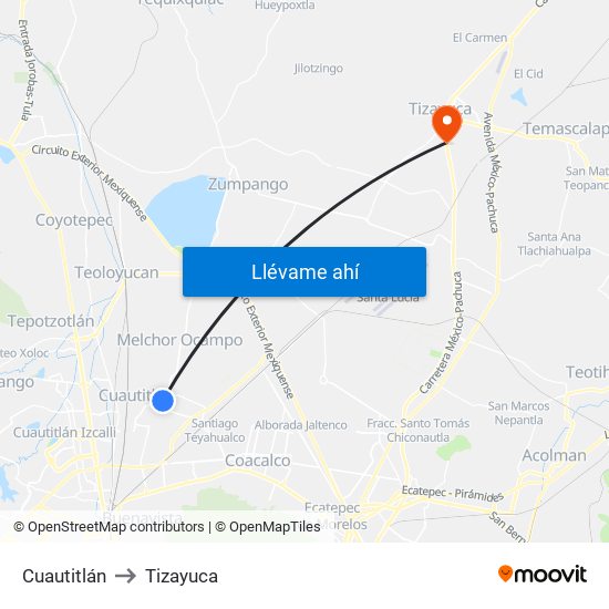 Cuautitlán to Tizayuca map