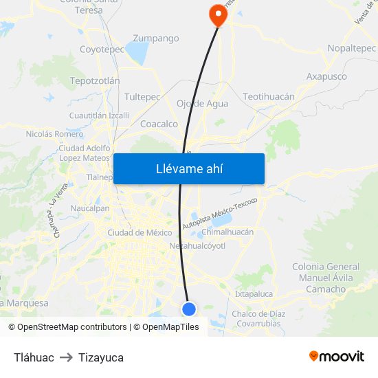 Tláhuac to Tizayuca map