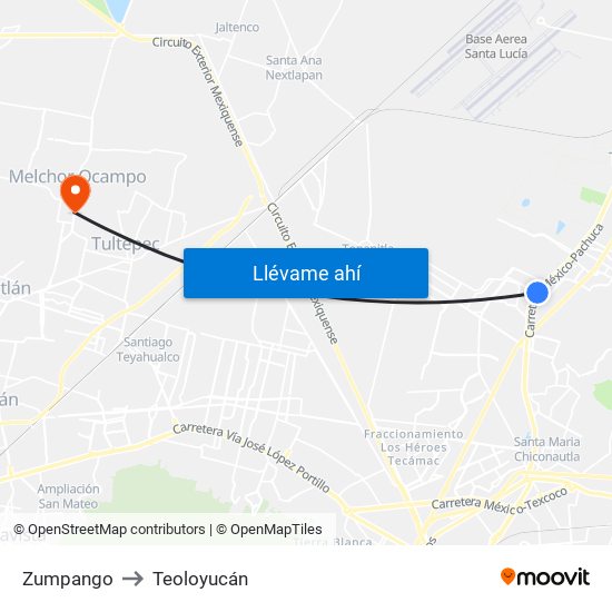 Zumpango to Teoloyucán map