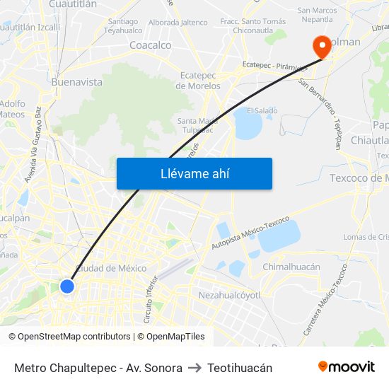 Metro Chapultepec - Av. Sonora to Teotihuacán map