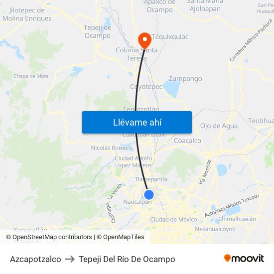 Azcapotzalco to Tepeji Del Río De Ocampo map