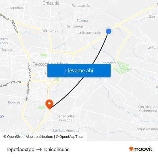 Tepetlaoxtoc to Chiconcuac map