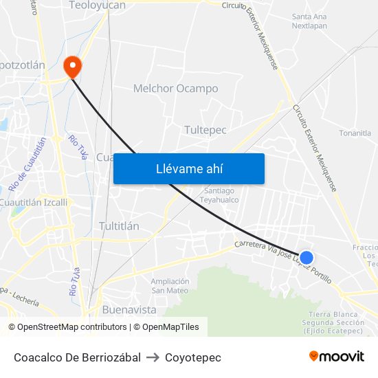 Coacalco De Berriozábal to Coyotepec map