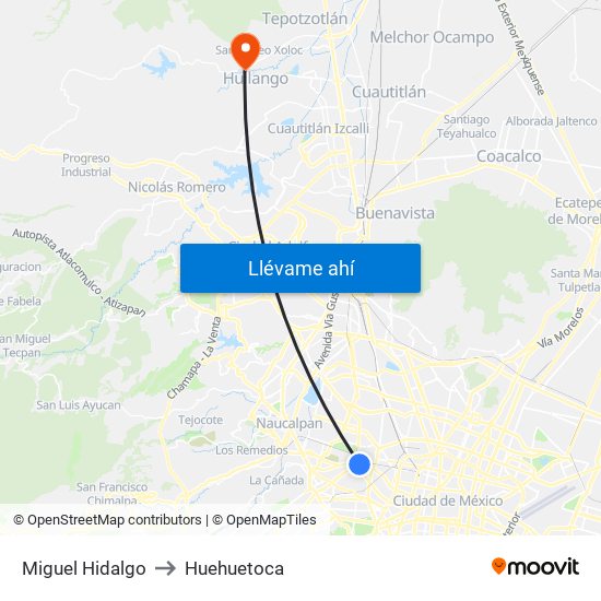 Miguel Hidalgo to Huehuetoca map